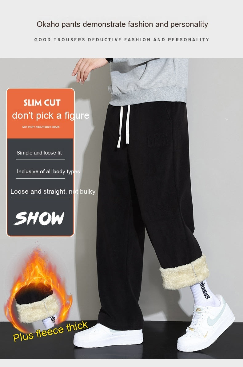 Winter Herren Casual Kaschmir Hose Gerade Weite Bein Hose