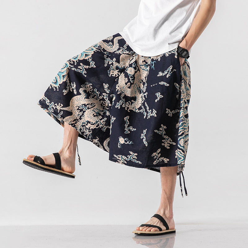 Locker sitzende Herrenhose im chinesischen Stil mit Elefantenblume, verkürzte große Badehose, Rettich-Strandblumenhose