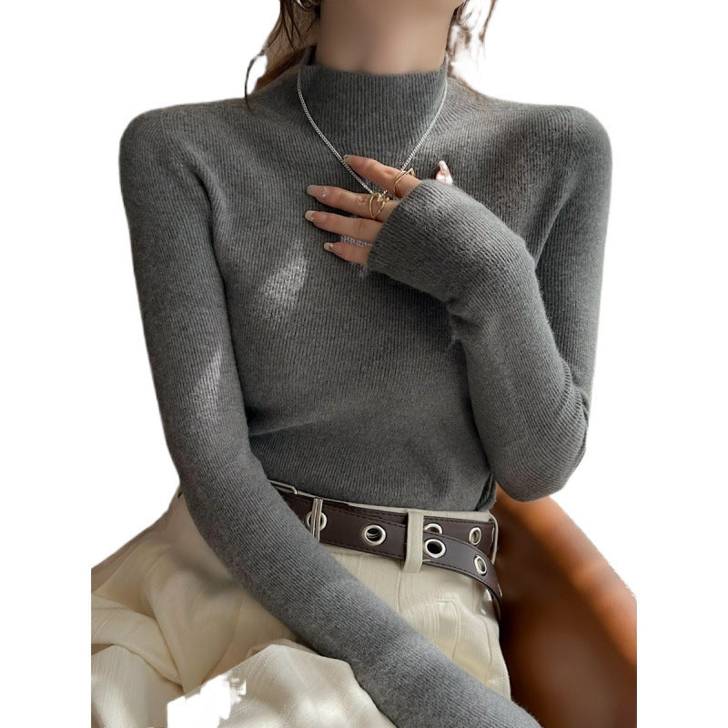 Inner High-grade Gray Mock Neck Sweater Mid-collar Knitted Top
