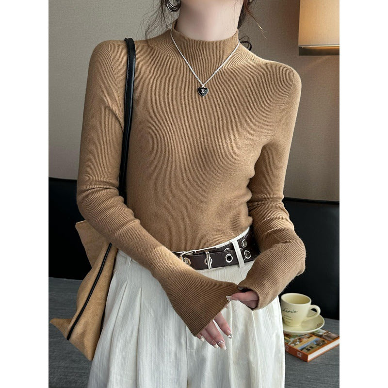 Inner High-grade Gray Mock Neck Sweater Mid-collar Knitted Top
