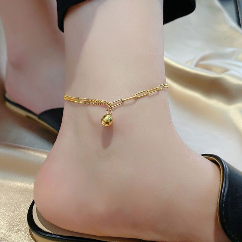 Fußkettchen Damen Kleine goldene Kugeln Titanstahl