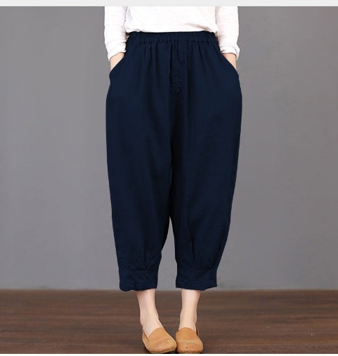 Frühling und Sommer neue literarische Fan Damen lässig einfarbig Baumwolle und Leinen elastische Taille wilde Damenhose war dünn Harlan