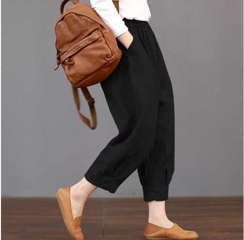 Frühling und Sommer neue literarische Fan Damen lässig einfarbig Baumwolle und Leinen elastische Taille wilde Damenhose war dünn Harlan