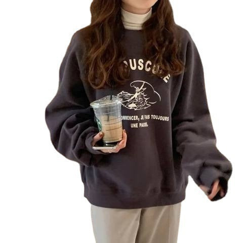 Women's Fleece-lined Thick Round Neck Fashion Loose Sweater