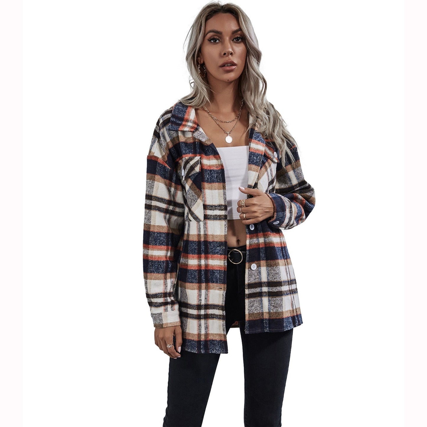 Nehmen Sie lockere, lässige Revers-Karierte Wolljacke aus Europa und Amerika