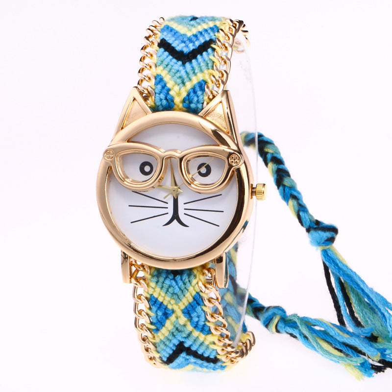 DIY handgestrickte Wollkette Ohren Katzengesicht Brillenuhr Neue ethnische Stil gewebte Damenarmbanduhr