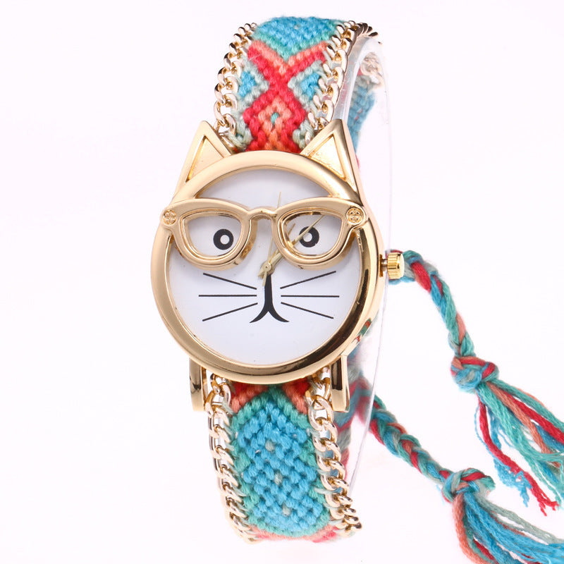 DIY handgestrickte Wollkette Ohren Katzengesicht Brillenuhr Neue ethnische Stil gewebte Damenarmbanduhr