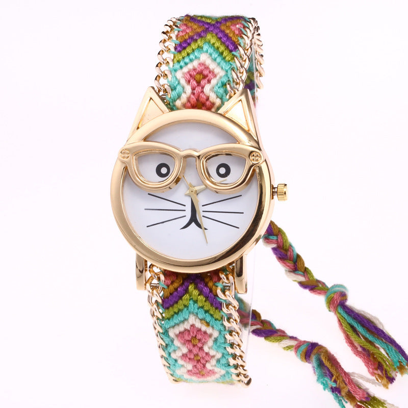 DIY handgestrickte Wollkette Ohren Katzengesicht Brillenuhr Neue ethnische Stil gewebte Damenarmbanduhr