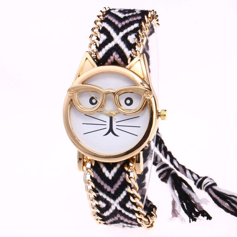 DIY handgestrickte Wollkette Ohren Katzengesicht Brillenuhr Neue ethnische Stil gewebte Damenarmbanduhr