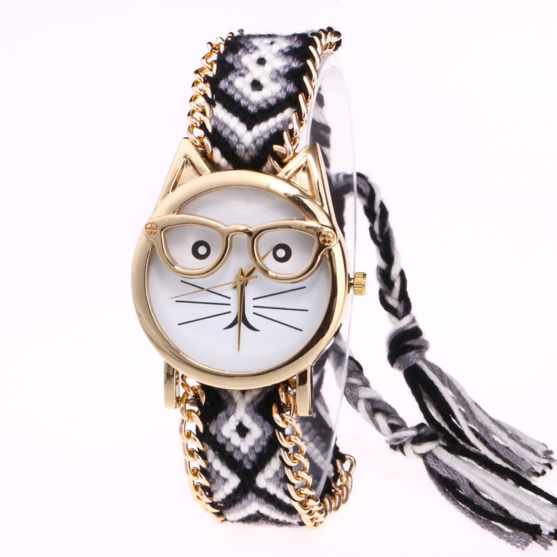 DIY handgestrickte Wollkette Ohren Katzengesicht Brillenuhr Neue ethnische Stil gewebte Damenarmbanduhr