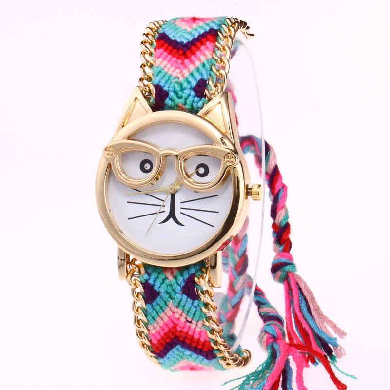 DIY handgestrickte Wollkette Ohren Katzengesicht Brillenuhr Neue ethnische Stil gewebte Damenarmbanduhr