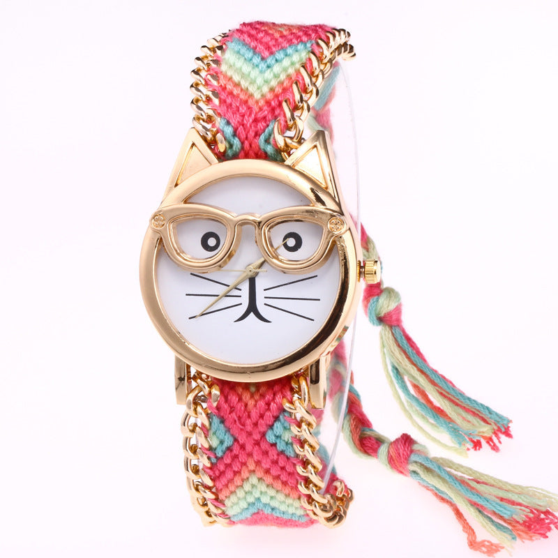 DIY handgestrickte Wollkette Ohren Katzengesicht Brillenuhr Neue ethnische Stil gewebte Damenarmbanduhr