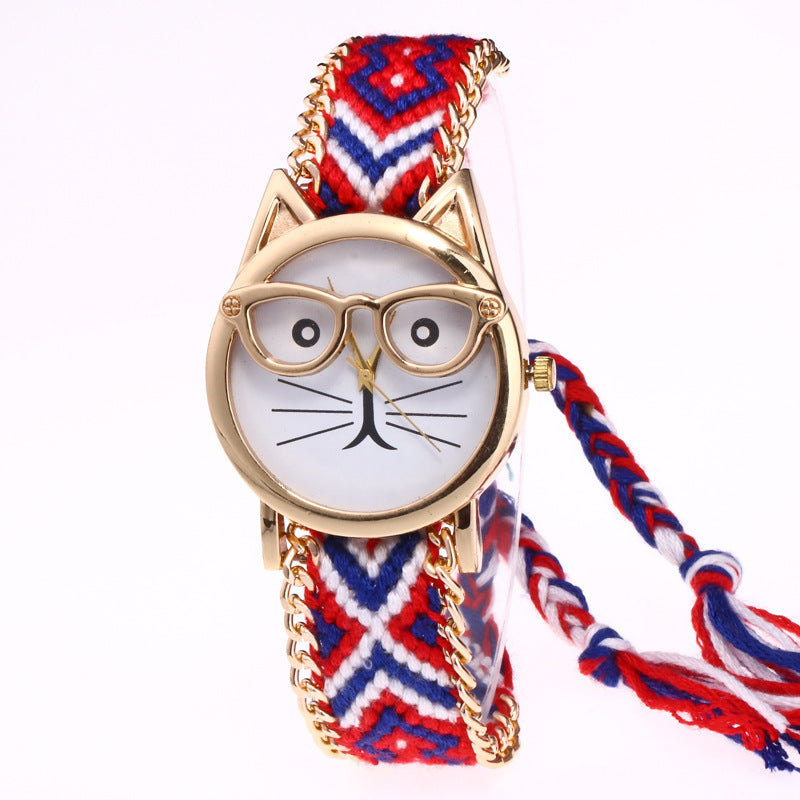 DIY handgestrickte Wollkette Ohren Katzengesicht Brillenuhr Neue ethnische Stil gewebte Damenarmbanduhr