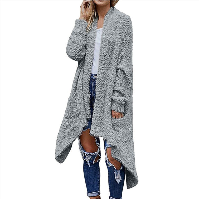 Neu Mittellange Strickjacke aus dickem Plüsch für Damen, einfarbig, mit langen Ärmeln, lockerer Mantel