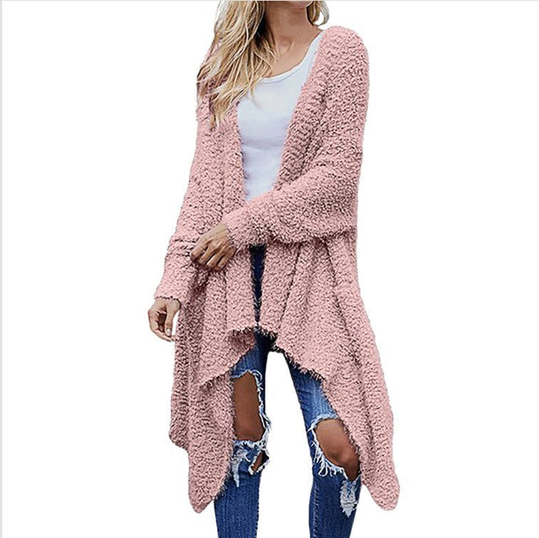 Neu Mittellange Strickjacke aus dickem Plüsch für Damen, einfarbig, mit langen Ärmeln, lockerer Mantel