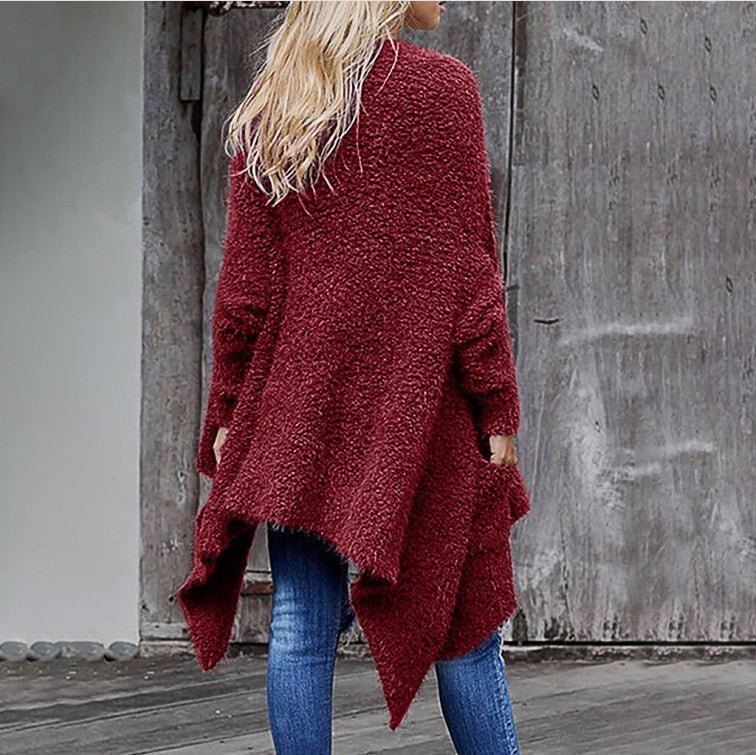 Neu Mittellange Strickjacke aus dickem Plüsch für Damen, einfarbig, mit langen Ärmeln, lockerer Mantel