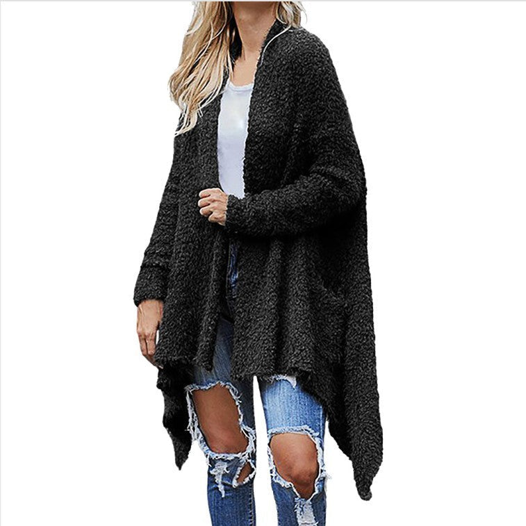 Neu Mittellange Strickjacke aus dickem Plüsch für Damen, einfarbig, mit langen Ärmeln, lockerer Mantel