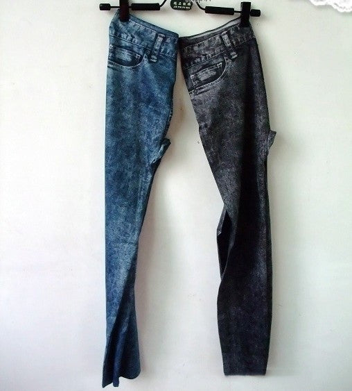 Schmale Leggings Bleistifthose aus Denim-Imitat mit Schneeflockenmuster