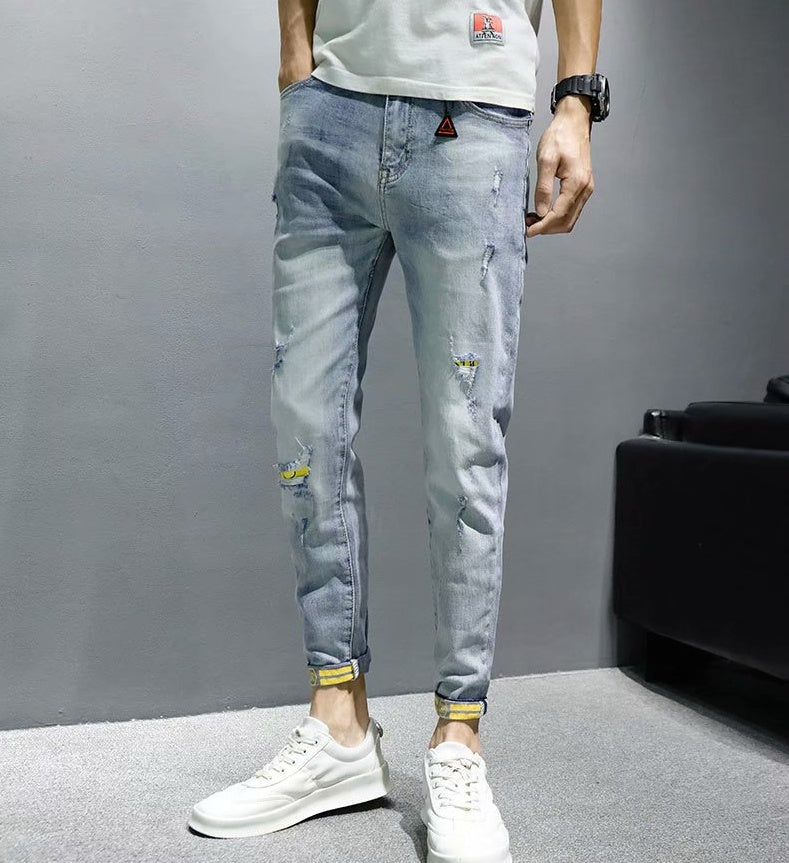 Zerrissene Jeans Herren Sommer Dünnschliff Koreanische Version Des Trends Hübsche Selbstkultivierung Kleine Füße Lässige Neun-Punkt-Hose Power Tide Marke