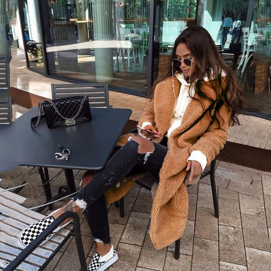 Solid color double-breasted woolen long coat