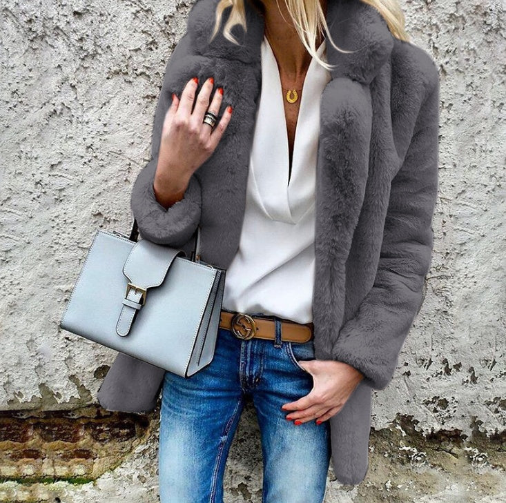 Herbst und winter neue stil einfarbig lange ärmeln revers frauen flauschigen mantel mantel LG0050