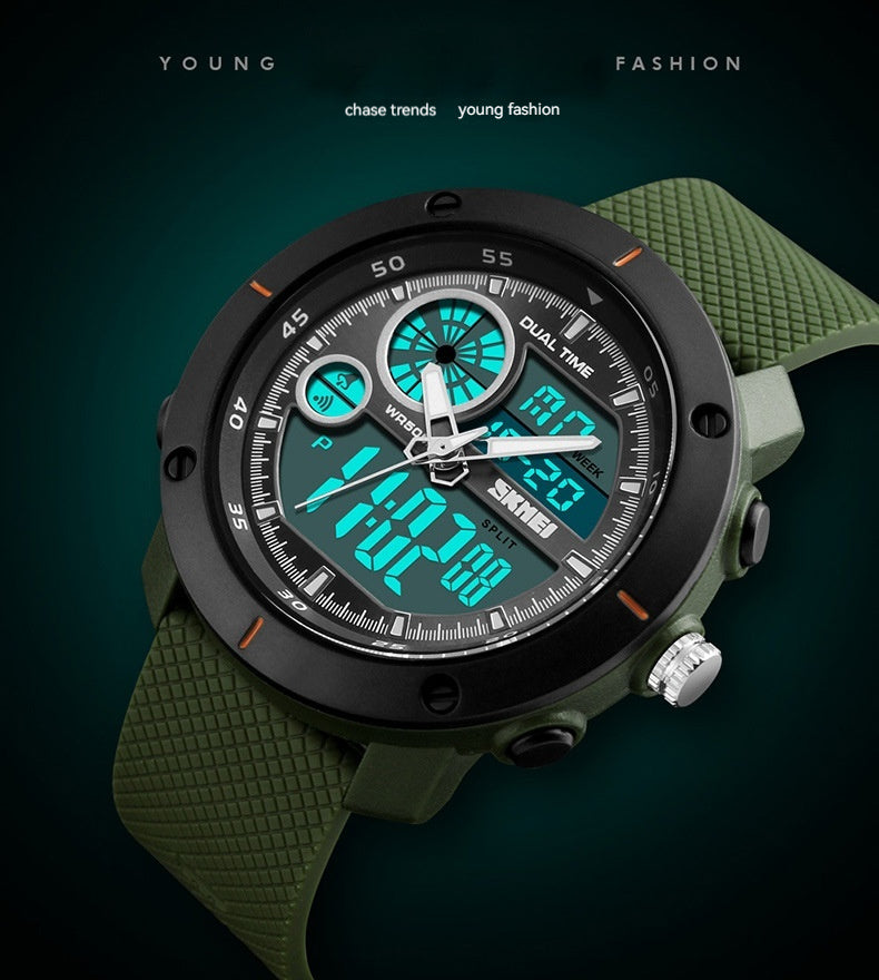 Wasserdichte Uhr mit Doppelanzeige, Outdoor-Sport, Student, Doppelzeitkalender, Chronograph, elektronische Uhr
