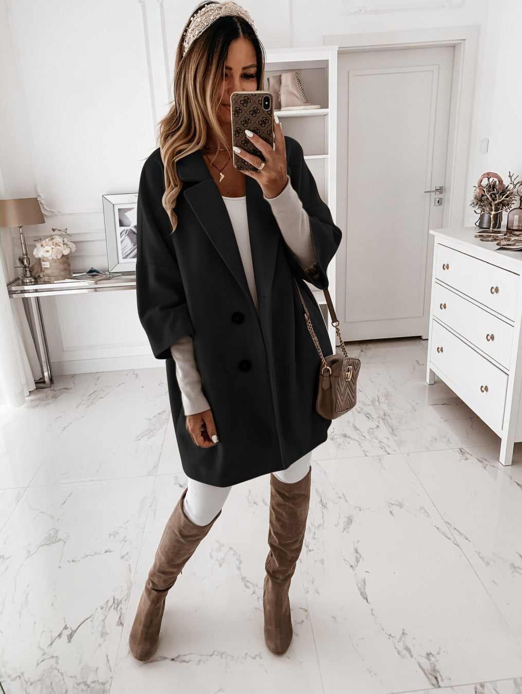 Wolljacke mit 3 oder 4 Ärmeln, Revers und Knopftasche