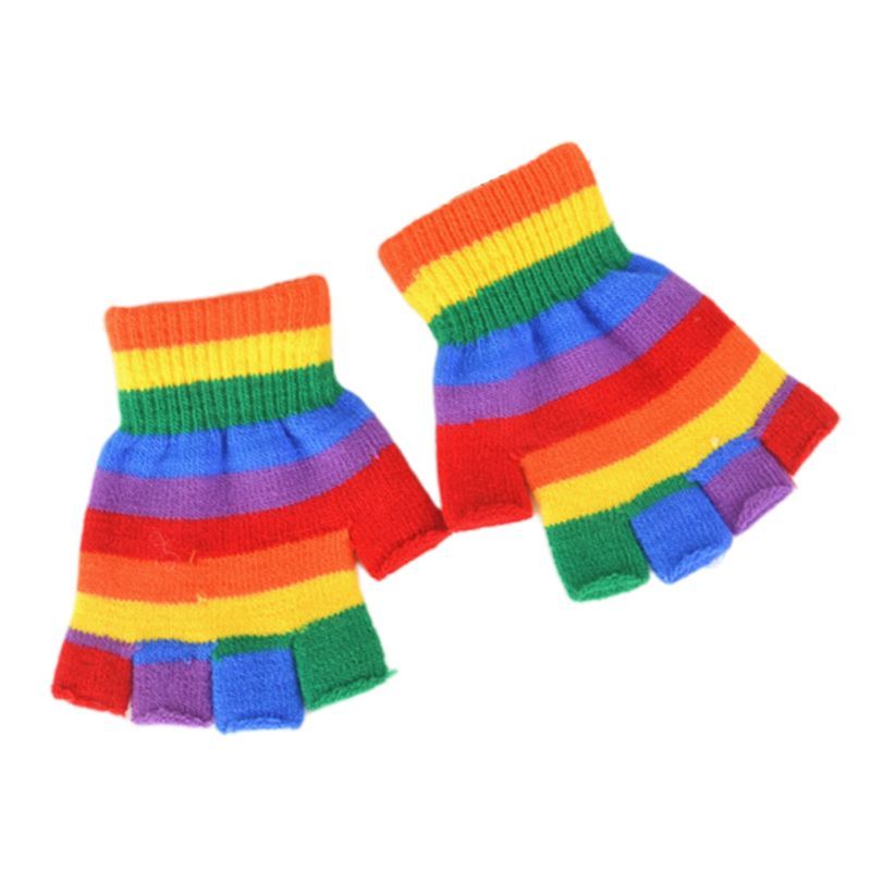 AdultRainbow Striped Gloves Fingerless Half Finger Gloves