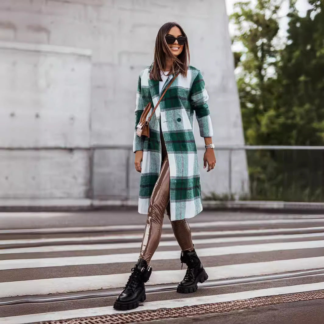 Europäische und amerikanische Herbst-/Wintermode aus gebürstetem, mittellangem, kariertem Wollmantel