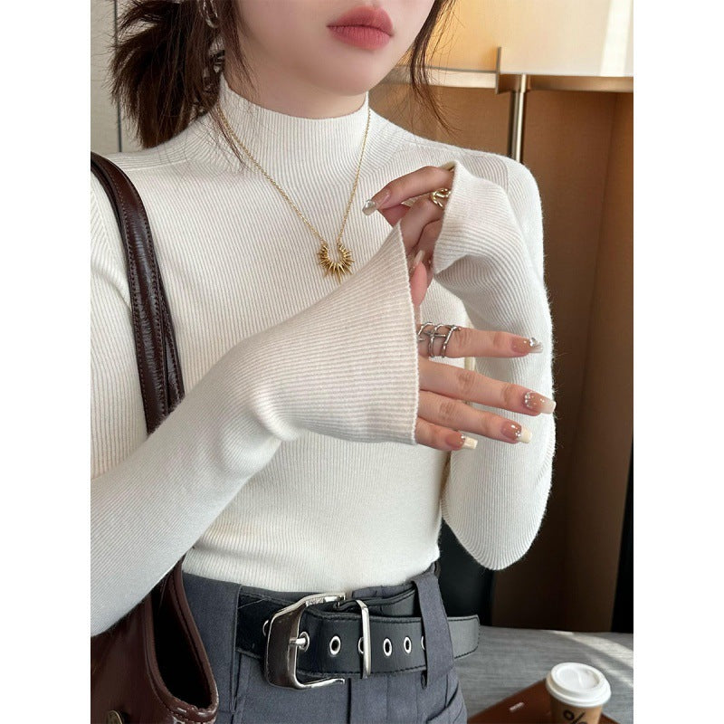 Inner High-grade Gray Mock Neck Sweater Mid-collar Knitted Top