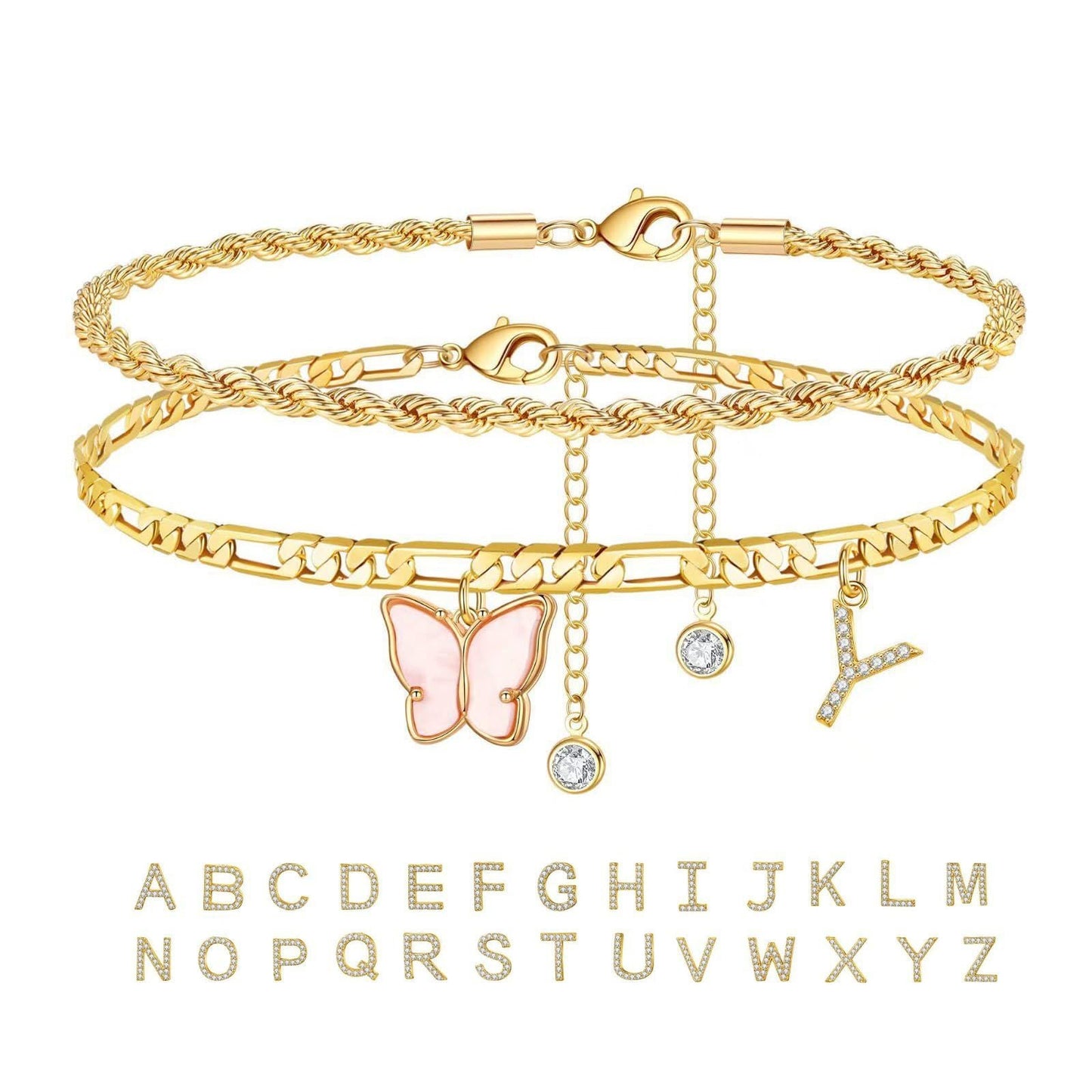26 Buchstaben Fußschmuck Damen Schmetterling Doppellagig Stapel