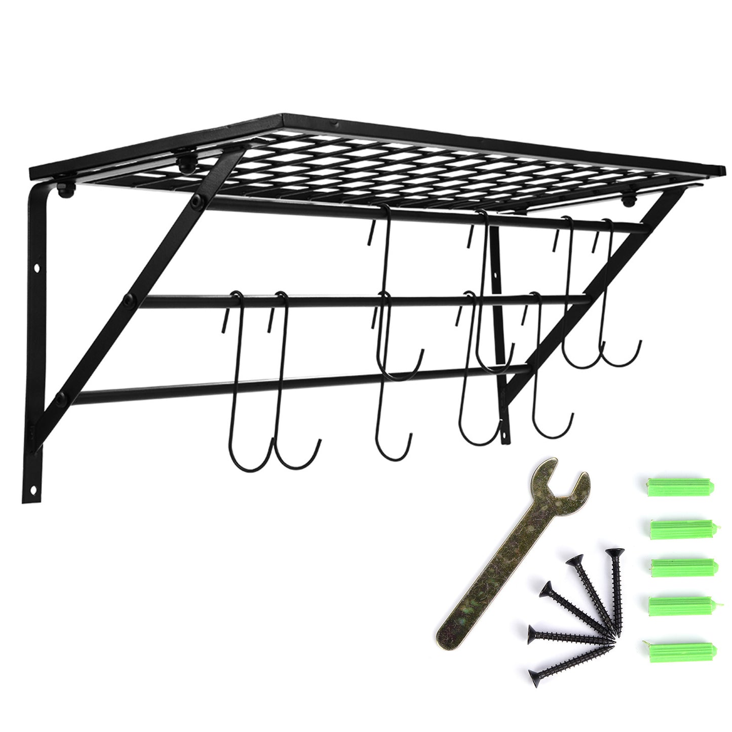 Black Metal Hanging Pan Pot Rack Wall Mounted with 10 Hooks Kitchen Storage Organizer