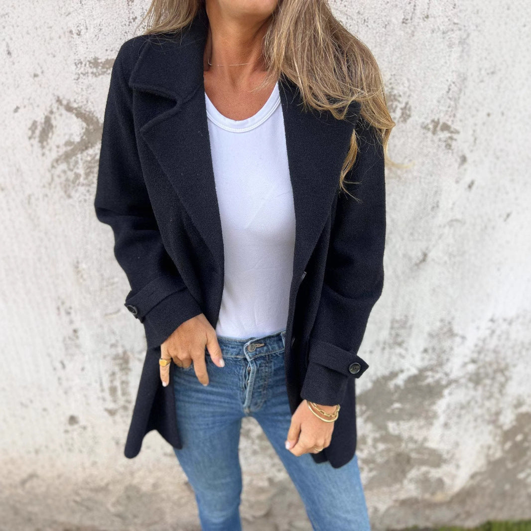 Damen Wollmantel Lässiger lockerer Revers Faux-Tasche Cardigan Wollmantel