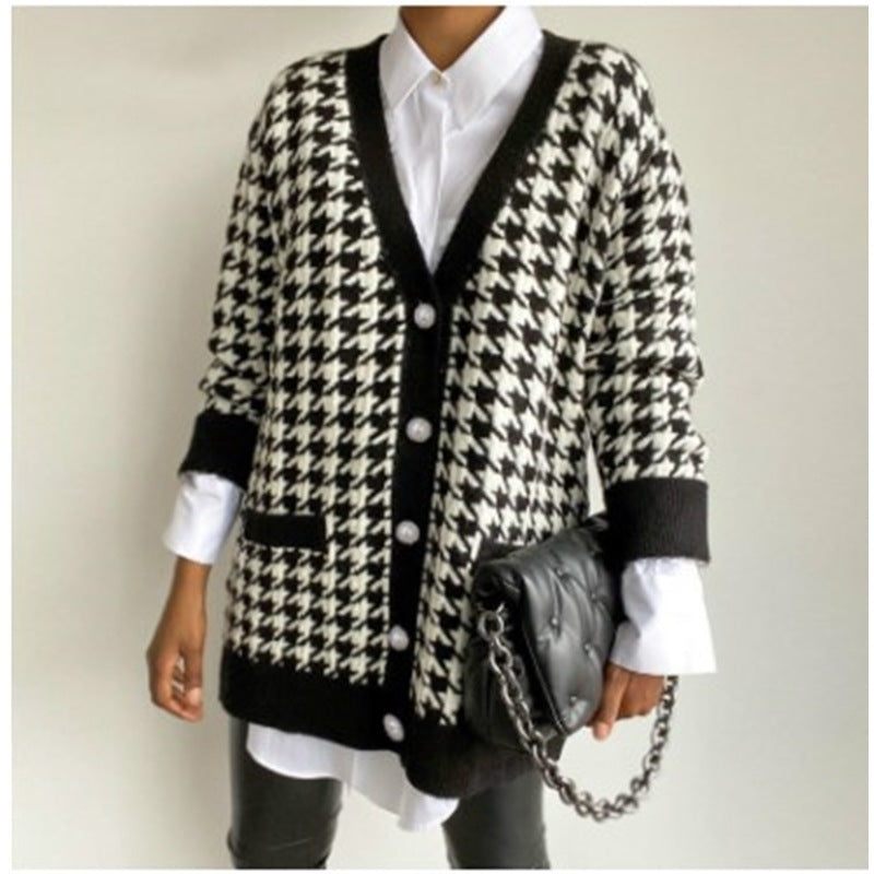 Europäischer und amerikanischer karierter Pendler-Strickpullover, lockere, lässige Strickjacke