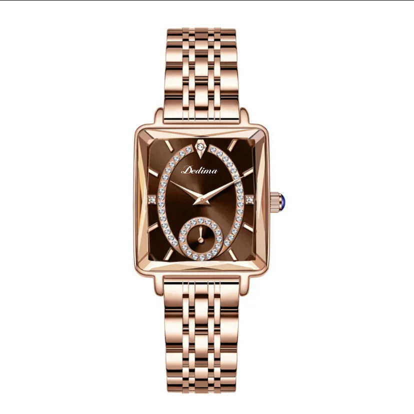 Modische quadratische Damen-Halbuhr mit Diamanten in Roségold mit zwei Stiften