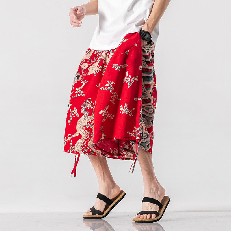 Locker sitzende Herrenhose im chinesischen Stil mit Elefantenblume, verkürzte große Badehose, Rettich-Strandblumenhose