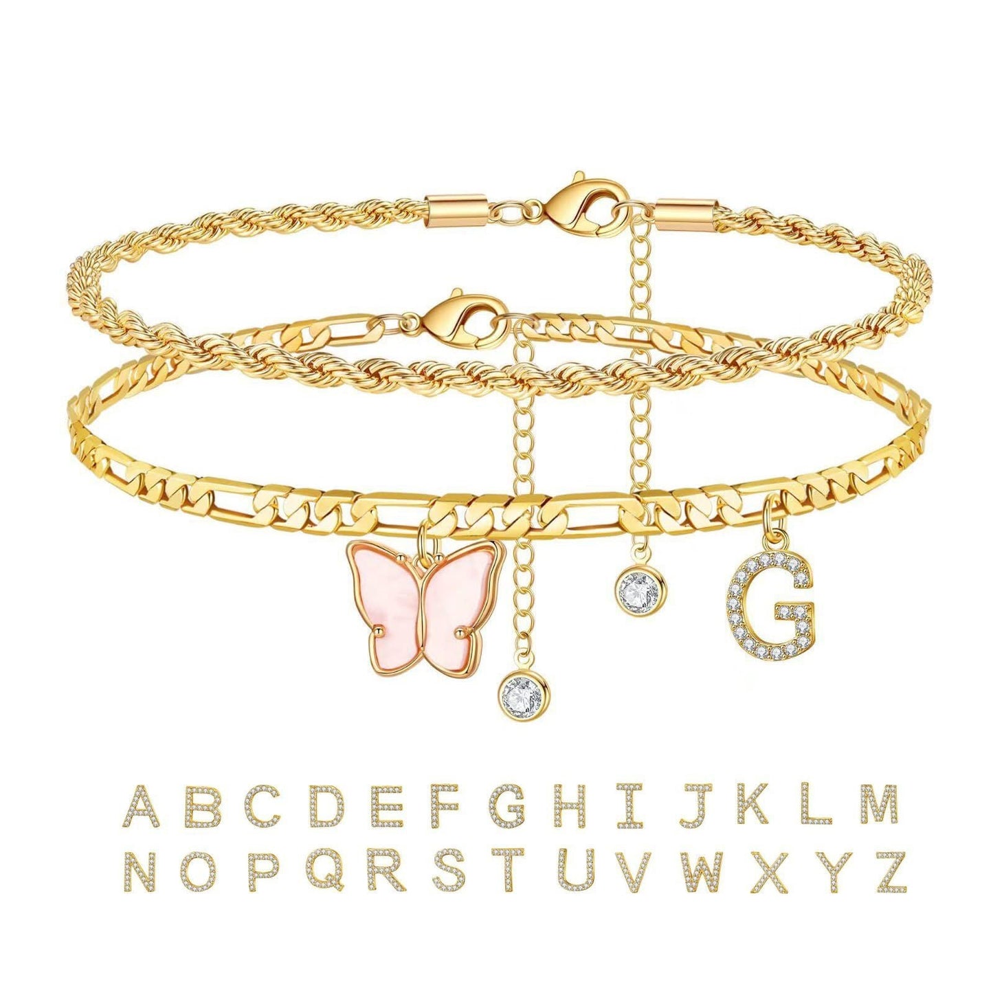 26 Buchstaben Fußschmuck Damen Schmetterling Doppellagig Stapel