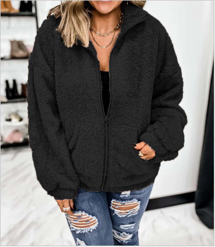 Neue, lockere Strickjacke aus Plüsch mit Reißverschluss für Damen in Einfarbig