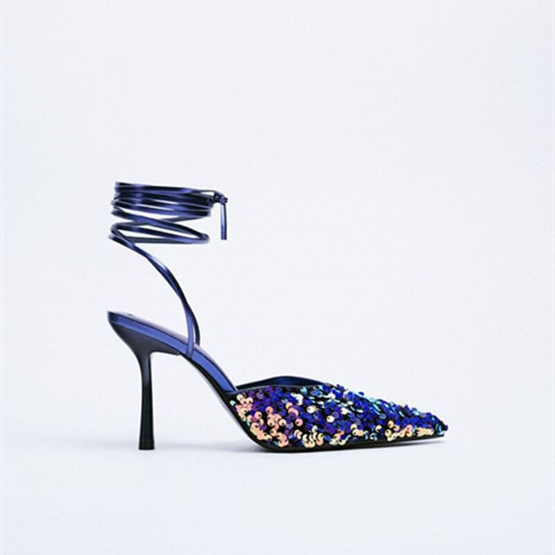 Black Sequined Stiletto Strap Toe Pointed Strappy Toe Shoes