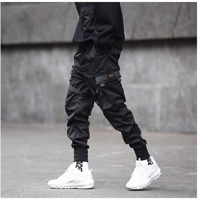 Heißer Verkauf Männer Schwarz Hip Hop Cargo Hosen Elastische Taille Jogger Hosen Jogginghose Taschen Voller Länge Casual Mode