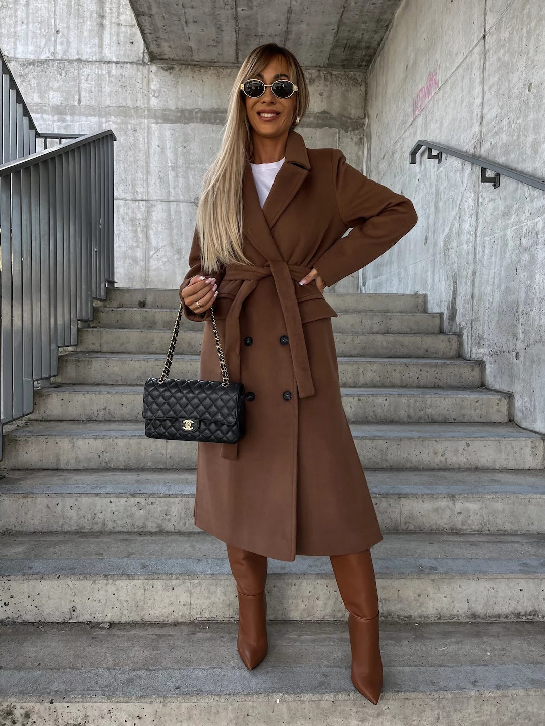 Herbst und Winter Einfachheit Langarm Revers Knopf Split Wollmantel für Frauen