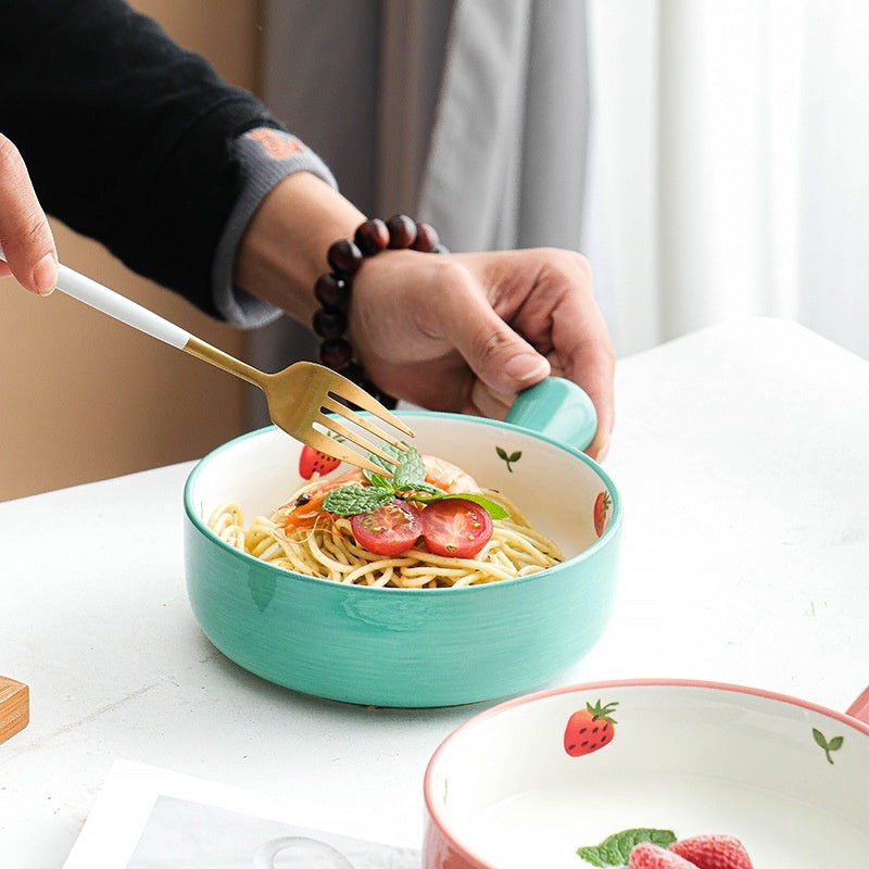 Hand Painted Strawberry Handle Ceramic Baking Bowl