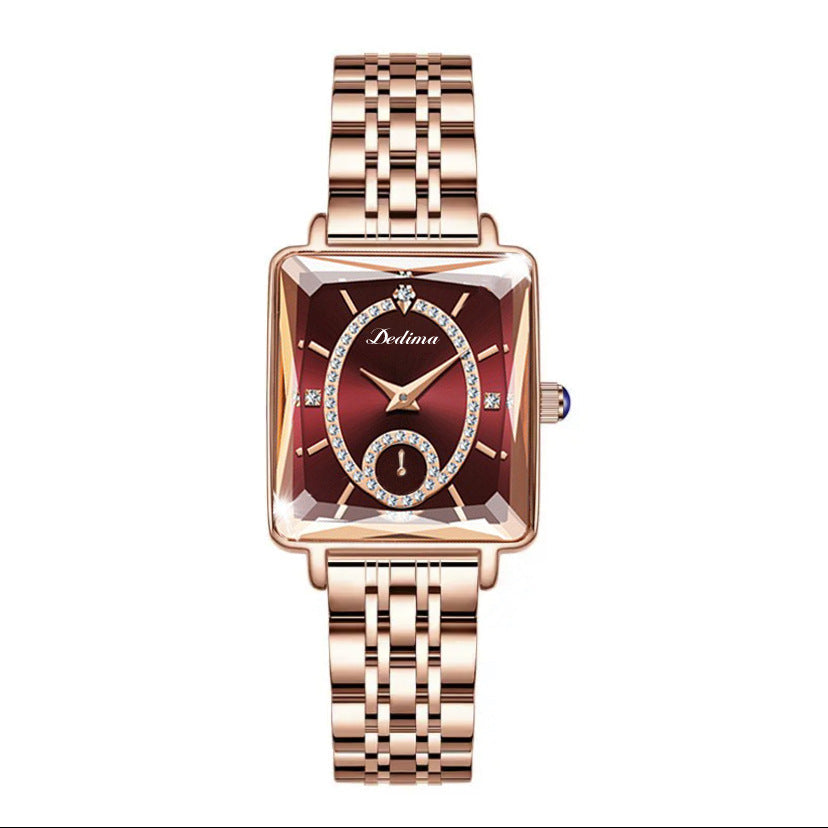 Modische quadratische Damen-Halbuhr mit Diamanten in Roségold mit zwei Stiften