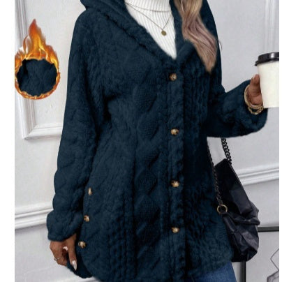 Strickjacke mit Kapuze und Knopf, lange Jacke, Winter, einfarbig, langärmelig