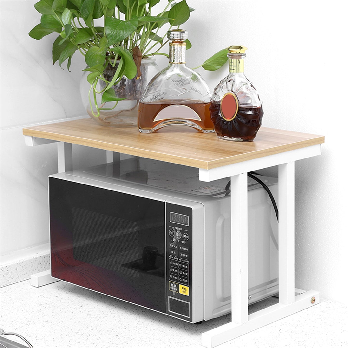 Wood Microwave Oven Stand Rack 2 Layers Storage Racks Kitchen Cabinet Counter Shelf(White)