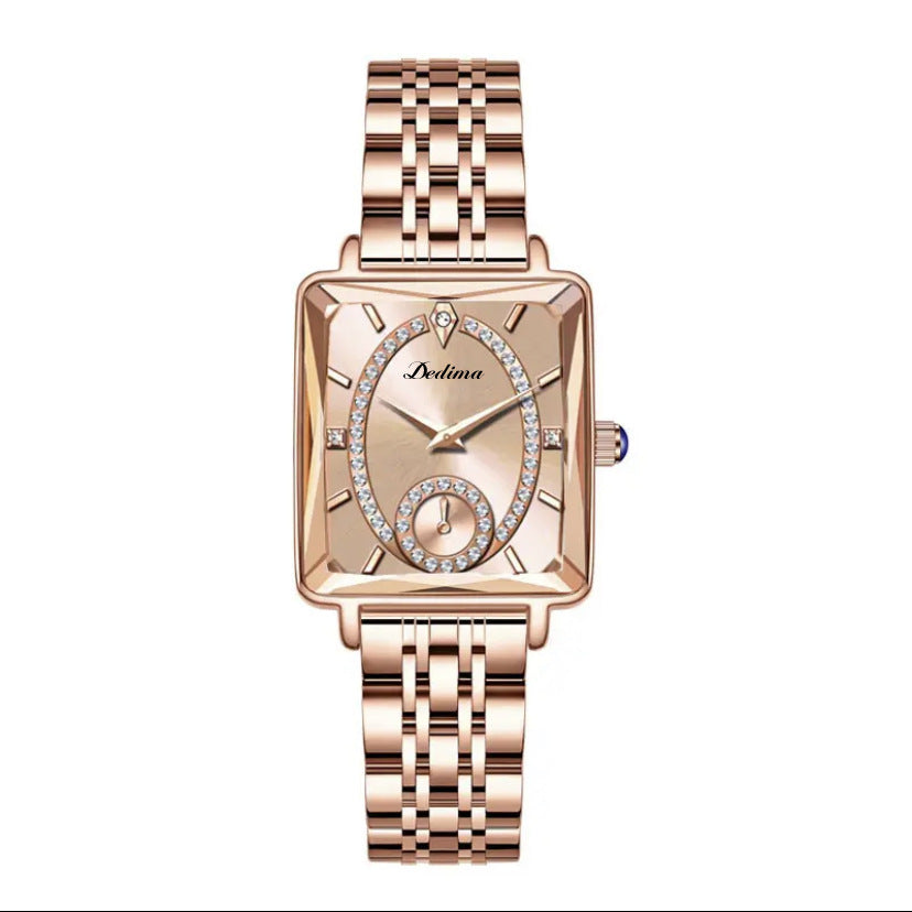 Modische quadratische Damen-Halbuhr mit Diamanten in Roségold mit zwei Stiften