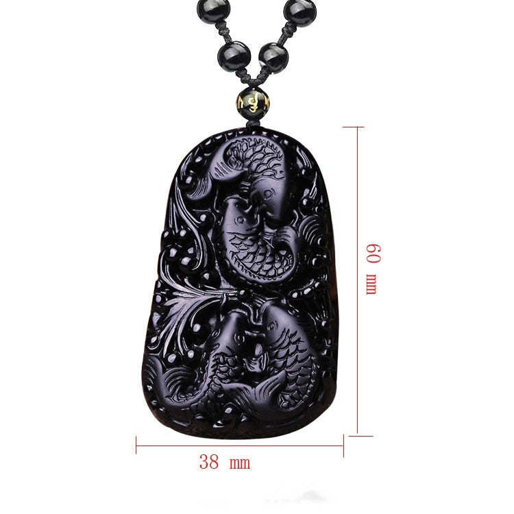 Natürliche Obsidian Fisch geschnitzt matt Halskette