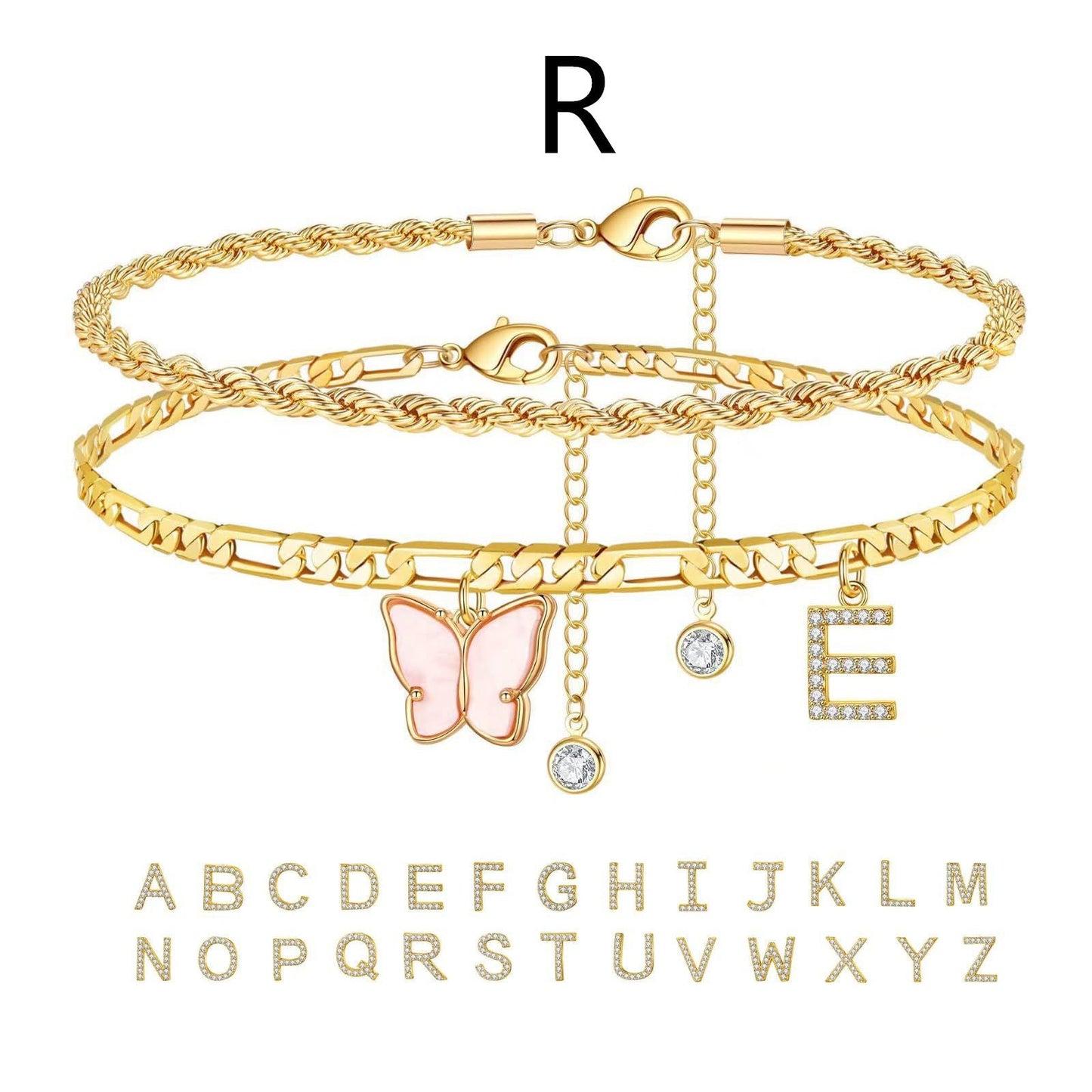 26 Buchstaben Fußschmuck Damen Schmetterling Doppellagig Stapel