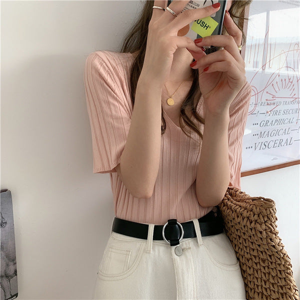 Top Thin Ice Silk Short Sleeve Knitted T-shirt