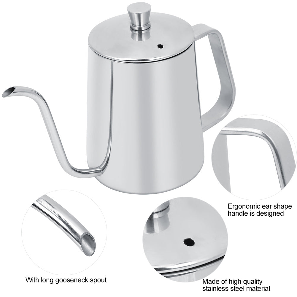 550ml Stainless Steel Long Gooseneck Coffee Pot Kettle with Lid for Home Kitchen Coffee Shop